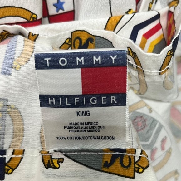 KING FLAT Tommy Hilfiger Royal Arms Crest Plaid Chambray Top Sheet Vintage - Picture 9 of 10